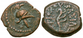 Seleukid Kingdom. Antiochos VII Euergetes. 138-129 B.C. AE 12 (12 mm, 1.44 g, 2 h). Mint in southern Coele-Syria. Crested Boeotian helmet with cheek-g...
