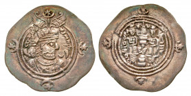Sasanian Kingdom. Khusru II. A.D. 591-628. AR drachm. WYHC (Weh-az-Amid-Kavad) mint, RY 27. Crowned and cuirassed bust right, two stars above crest, d...