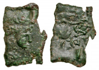 Hephthalites, Alchon Huns. Late 4th-Early 5th Century AE rectangular (16.3 mm, .49 g). Sasasanian-style bust right / Filleted disk? or alter, letter t...