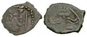Nezak Huns. 7th-Early 8th Century AE (12.9 mm, .54 g). Crude bust right with "grain" ear to right / Crude winged animal to right.
