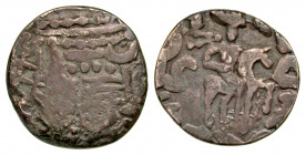 Khwarezmia. Ramik. mid 6th century A.D. AR drachm (22.2 mm, 3.77 g, 9 h). Type 1. Crowned bust right / Horseman riding right, tamgha behind. Unpublish...