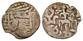 Khwarezmia. Ramik. mid 6th century A.D. AR drachm (24.8 mm, 4.88 g, 1 h). Type 2. Crowned bust right / Horseman riding right, tamgha behind. Bainberg ...