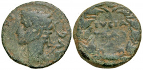 Hispania, Julia Traducta. Augustus. 27 B.C.-A.D. 14 AE 24 (23.4 mm, 6.89 g, 3 h). [PERM CA]ES AVG, bare head of Augustus left / IVLIA / TRAD, ethnic i...