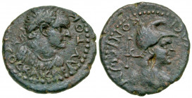 Lycaonia, Iconium. Titus. As Caesar, A.D. 69-79. AE assarion (21.1 mm, 4.97 g, 5 h). Laureate and cuirassed bust of Titus right / Bust of Perseus righ...