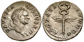 Vespasian. A.D. 69-79. AR denarius (19.2 mm, 2.92 g, 5 h). Rome mint, struck A.D. 74. IMP CAESAR VESPASIANVS AVG (ccw), laureate head of Vespasian rig...