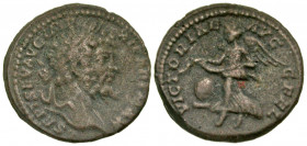 Septimius Severus. A.D. 193-211. AE" limes" denarius (17.8 mm, 2.53 g, 1 h). Rome mint, Struck A.D. 199. L SEPT SEV AVG IMP XI PART MAX, laureate head...