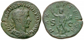 Philip II. As Caesar, A.D. 244-247. AE sestertius (30.2 mm, 16.75 g, 12 h). Rome mint, struck A.D. 247. IMP M IVL PHILIPPVS AVG, laureate, draped and ...