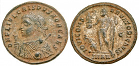 Crispus. Caesar, A.D. 317-326. BI follis (19.4 mm, 2.95 g, 6 h). Antioch mint, Struck A.D. 317-318. D N FL IVL CRISPVS NOB CAES, laureate bust of Lici...