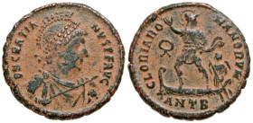 Gratian. A.D. 367-383. AE majorina (22.2 mm, 4.91 g, 11 h). Antioch mint, Struck A.D. 383. D N GRATI-ANVS P F AVG, bust of Gratian right, wearing pear...