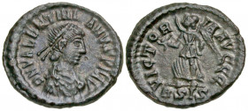 Valentinian II. A.D. 375-392. AE half-centenionalis (13.7 mm, 1.10 g, 7 h). Cyzicus mint, struck A.D. 384-387. D N VALENTINIANS P F AVG, diademed, dra...
