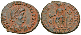 Valentinian II. A.D. 375-392. AE centenionalis (17.9 mm, 2.34 g, 5 h). Antioch mint, Struck A.D. 379-383. D N VALENTINIANVS P F AVG, diademed, draped ...