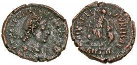 Valentinian II. A.D. 375-392. AE half-centenionalis (14.1 mm, 1.19 g, 11 h). Antioch mint, Struck 388-392. D N VALENTINIANVS [P F AV]G, diademed, drap...