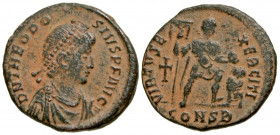 Theodosius I. A.D. 379-395. AE majorina (22.4 mm, 4.06 g, 12 h). Constantinople mint, Struck A.D. 387-392. D N THEODO-SIVS P F AVG, diademed, draped a...