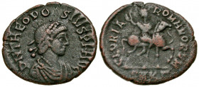 Theodosius I. A.D. 379-395. AE centenionalis (17.4 mm, 1.60 g, 1 h). Cyzicus mint, Struck A.D. 393-395. D N THEODO-SIVS P F AVG, diademed, draped and ...