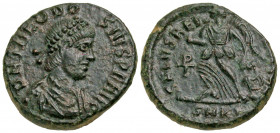 Theodosius I. A.D. 379-395. AE half-centenionalis (12.7 mm, 1.31 g, 7 h). Cyzicus mint, struck A.D. 388-395. D N THEODOSIVS P F AVG, diademed, draped ...