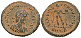 Theodosius I. A.D. 379-395. AE majorina (21.9 mm, 4.73 g, 1 h). Cyzicus mint, struck A.D. 383-386. D N THEODOSIVS P F AVG, diademed, draped and cuiras...