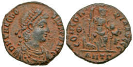 Theodosius I. A.D. 379-395. AE centenionalis (17.5 mm, 2.07 g, 11 h). Antioch mint, Struck A.D. 379-383. D N THEODO-SIVS P F AVG, diademed, draped and...