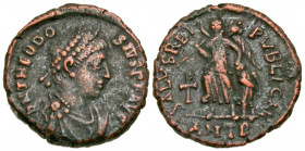 Theodosius I. A.D. 379-395. AE half-centenionalis (13.1 mm, 1.35 g, 1 h). Antioch mint, Struck A.D. 388-395. D N THEODO-SIVS P F AVG, pearl-diademed, ...