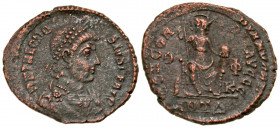 Theodosius I. A.D. 379-395. BI centenionalis (20.1 mm, 2.68 g, 5 h). Antioch mint, struck A.D. 379-383. D N THEODOSIVS P F AVG, diademed, draped and c...