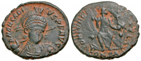 Arcadius. A.D. 383-408. AE centenionalis (17.5 mm, 2.16 g, 1 h). Constantinople mint, Struck A.D. 402. D N ARCADI-VS P F AVG, pearl-diadem and crest h...
