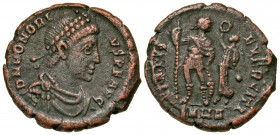 Honorius. A.D. 393-423. AE centenionalis (18.5 mm, 2.59 g, 5 h). Heraclea mint, Struck A.D. 395-402. D N HONORI-VS P F AVG, pearl-diademed, draped and...