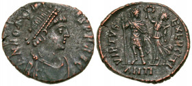 Honorius. A.D. 393-423. AE centenionalis (17.5 mm, 2.56 g, 5 h). Antioch mint, struck A.D. 395-402. D N HONORIVS P F AVG, diademed, draped and cuirass...