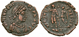 Honorius. A.D. 393-423. AE centenionalis (17.7 mm, 2.05 g, 12 h). Antioch mint, struck A.D. 395-402. D N HONORIVS P F AVG, diademed, draped and cuiras...