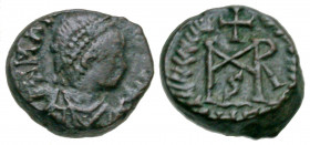 Marcian. A.D. 450-457. AE4 half-centenionalis or nummus (9.4 mm, .89 g, 6 h). Thessalonica or Cyzicus mint. D N MAR[CIANVS P F] AVG, pearl-diademed, d...