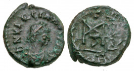 Marcian. A.D. 450-457. AE4 half-centenionalis or nummus (9.4 mm, .89 g, 6 h). Constantinople mint. D N VAQCIMTVS P F AVG (sic), pearl-diademed, draped...