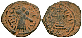 Arab-Byzantine. AE follis (21.3 mm, 2.60 g, 2 h). possibly contemporary counterfeit/ forgery. Uncertain Mint unreadable mint, most likely Jund Qinnasr...