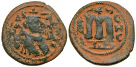 Arab-Byzantine. AE follis (21.3 mm, 3.95 g, 7 h). Hims Mint (Emesa) mint. K Delta N O to left of facing beardless Emperor / EMI to left of M, CHC to r...