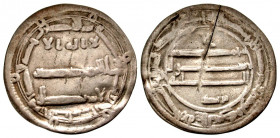 Abbasid Caliphate. al-Rashid. 170-193/786-809. AR dirham (25.7 mm, 2.67 g, 8 h). al-'Abbasiya, AH 181. Unidentified name below. VF.