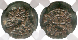 France, Provincial. Metz (éveché). Frédéric de Pluvoise. 1171-73. AR denier (16 mm, .74 g). Bust left / Cross pattée; crescent in first quarter; roset...