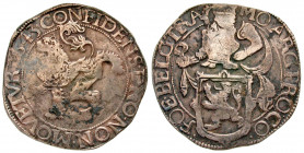 Low Countries, Gelderland. AR lion daalder (41.2 mm, 25.86 g, 2 h). 1643. MO ARG PROCO NFOE BELG TRA, armored bust of William the Silent left, above c...