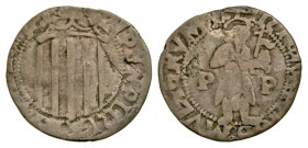 Spain, Perpignan. Charles V. 1516-56. BI sous sanar de billon (21.4 mm, 1.82 g, 7 h). Arms of Aragon / St John holding a lamb. P da' 3605; Bou 692; Vi...