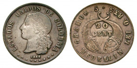 Colombia. AR 20 centavos. 1884. KM 178.4. VF.
