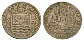Low Countries, Netherlands. Zeeland. AR 6 stuivers (26 mm, 4.76 g, 1 h). 1762. Crowned coat-of-arms; denomination across field / Ship under sail right...
