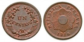 Peru, Republic. Un centavo. 1916. KM 211. UNC.