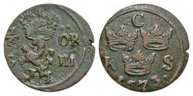 Sweden. Karl XI. 1660-1697. AE 1/6 ore. 1673. Ahl 3636 (No star); KM 254. Crude VF+. Scarcer type.