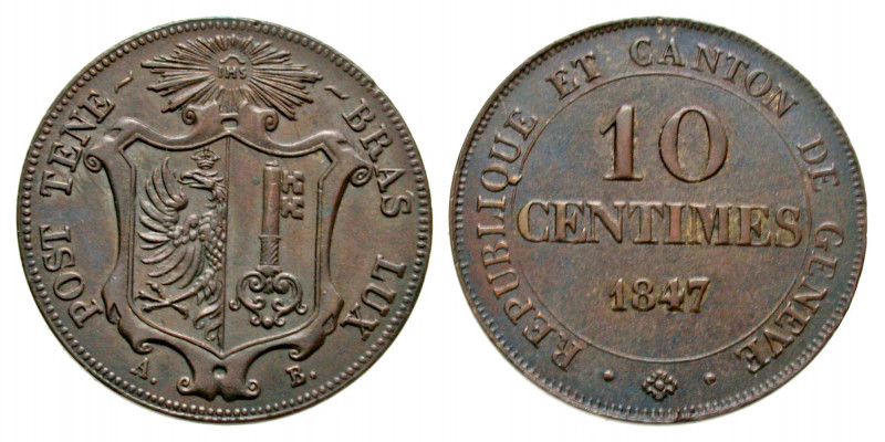 Swiss Cantons, Geneva. BI 10 centimes. 1847. KM 134. UNC.