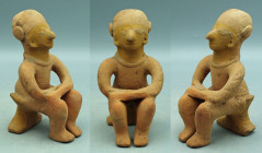 A fine Jamacoaque figure from Ecuador, ca. 300 BC - 400 A.D. It is 5-1/4? high and depicts an individual seated on a stool. He is wearing a necklace a...