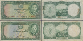Afghanistan: Pair of the 5 Afghanis SH1318 (1939), P.22, both still in a nice original shape, one with tiny margin splits an pinhole at left, Conditio...