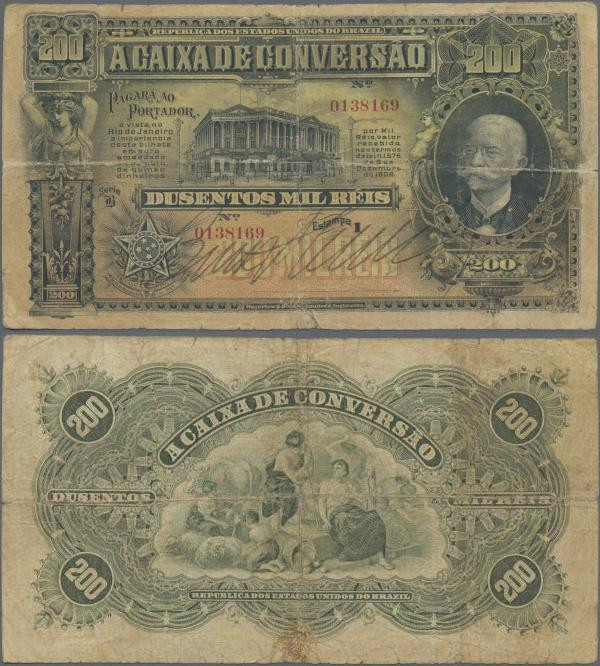 Brazil: Caixa de Conversão 200 Mil Reis 1906, P.98, beautiful and highly rare no...