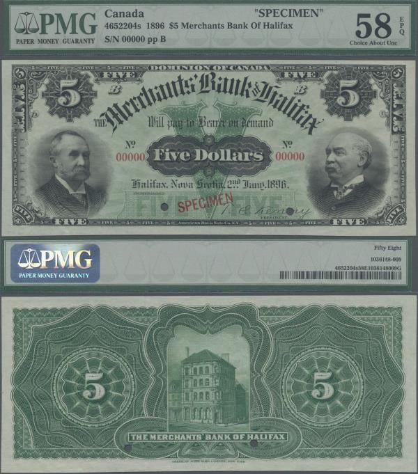 Canada: The Merchants Bank of Halifax 5 Dollars 1896 SPECIMEN, P.S1184s, soft di...