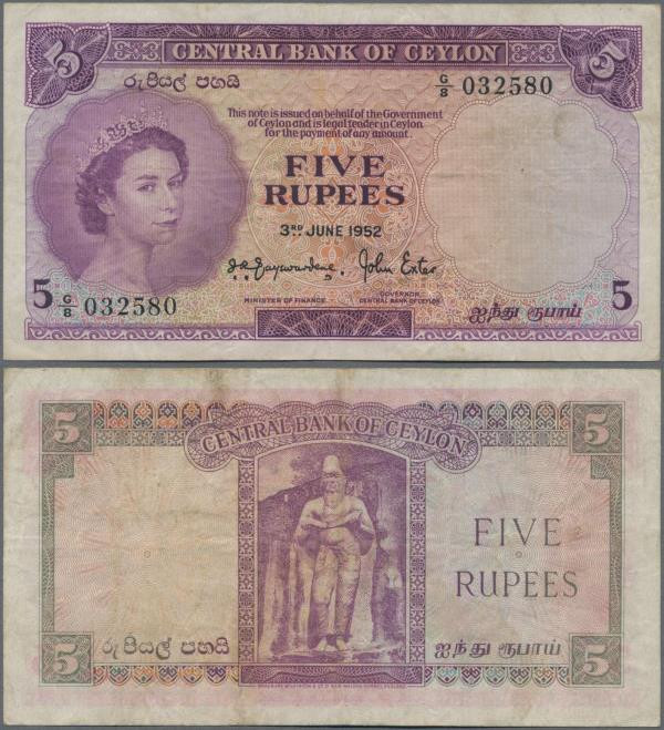 Ceylon: 5 Rupees 1952, P.51, nice and still fresh color note with some minor spo...