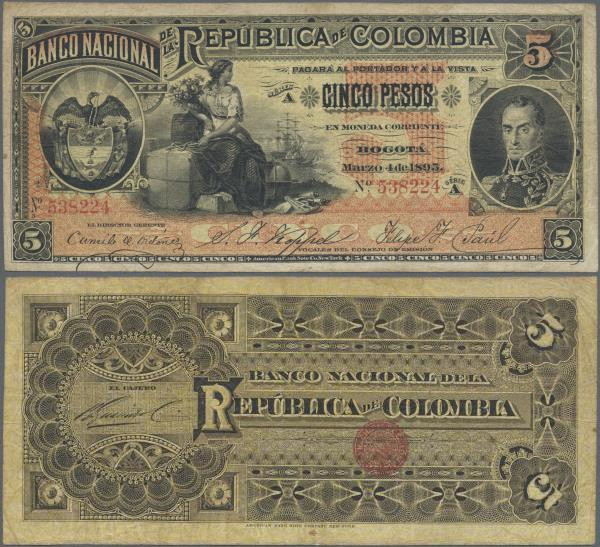 Colombia: Banco Nacional de la República de Colombia 5 Pesos 1895, P.235, great ...