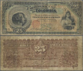 Colombia: Banco Nacional de la República de Colombia 25 Pesos 1895, P.237, almost well worn with small border tears, but still rare. Condition: F-
 [...
