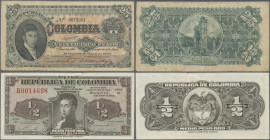Colombia: Republica de Colombia pair with 25 Pesos 1904 P.313 (F/F+) and 1/2 Peso 1948 P.345a (XF). (2 pcs.)
 [differenzbesteuert]