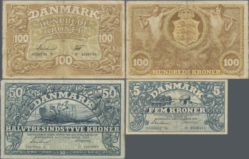 Denmark: Danmarks Nationalbank set with 7 banknotes, comprising 5x 5 Kroner 1940...