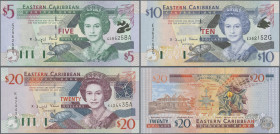 East Caribbean States: East Caribbean States, set with 7 banknotes, comprising 5 Dollars ANTIGUA (P.31a, UNC), 5 Dollars DOMINICA (P.31d, UNC), 5 Doll...